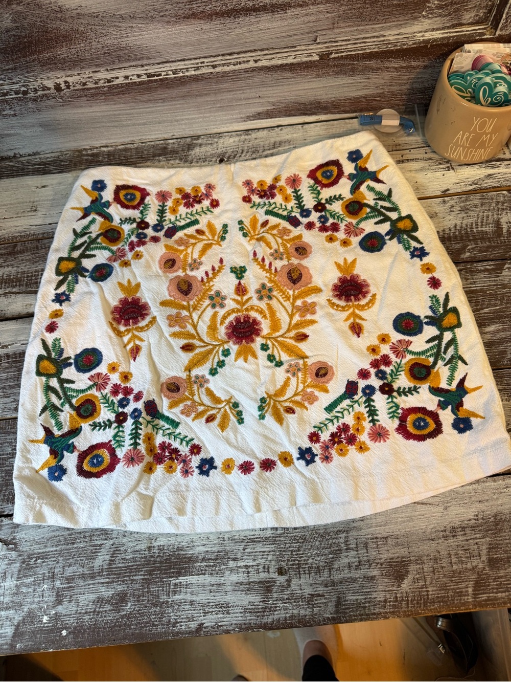 Umgee White Mini Skirt with Multicolor Floral Embroidery